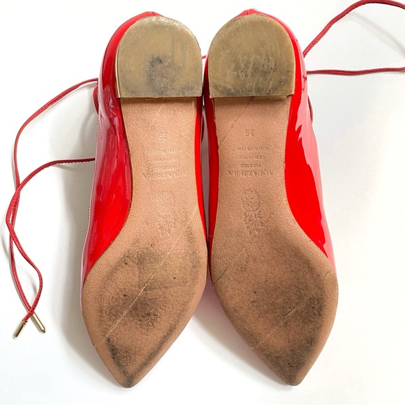 AQUAZZURA CHRISTY RED PATENT LEATHER ANKLE LACE UP POINTY TOE BALLET FLATS - Picture 9 of 13